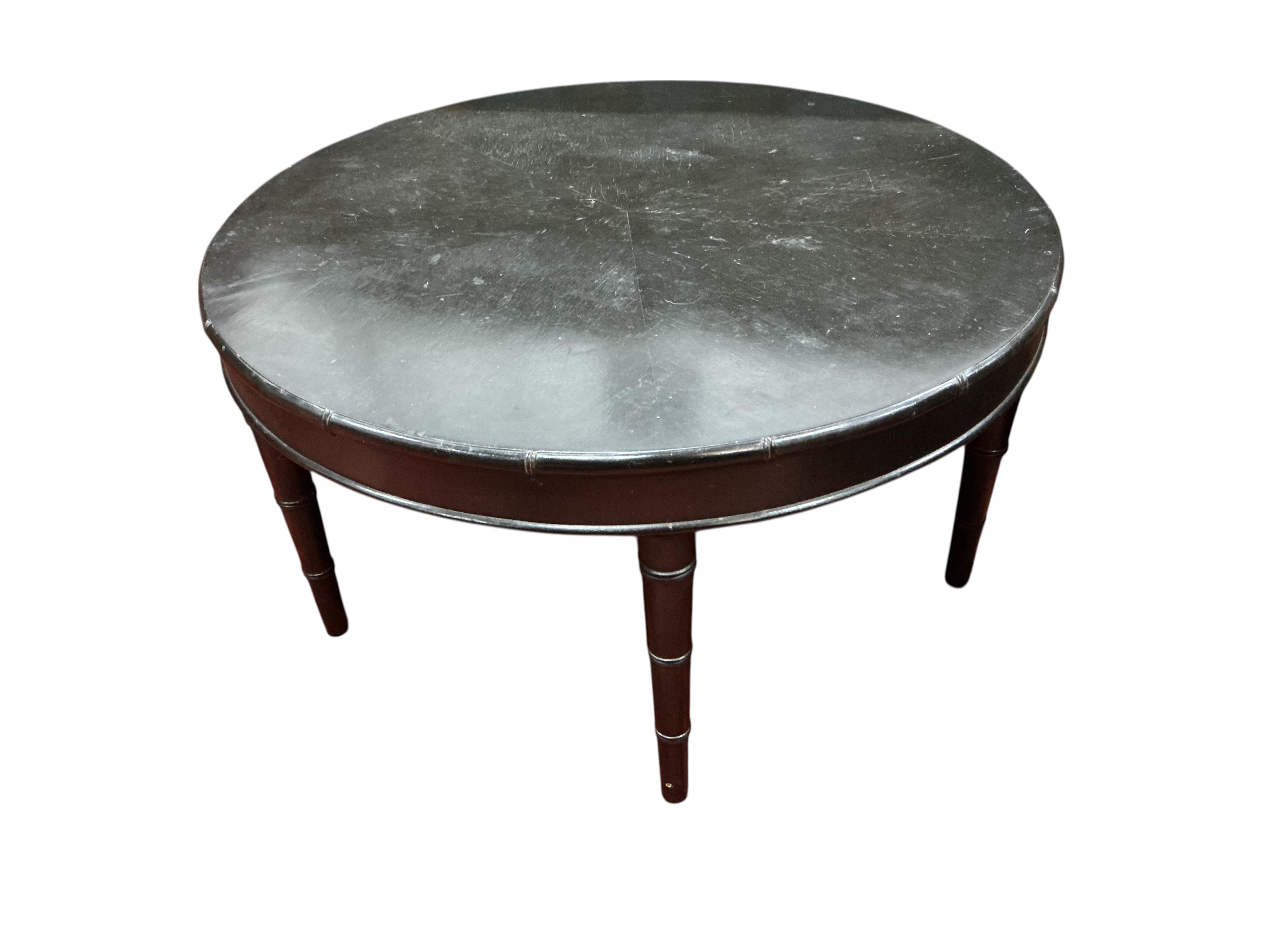 A pair of Regency style painted faux bamboo chairs, width 46cm, depth 45cm, height 90cm together with a similar circular coffee table